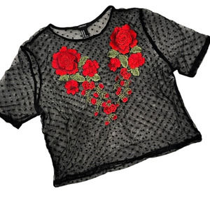 Forever 21  Crop Black Sheer top with Floral  Appliqué Sz M